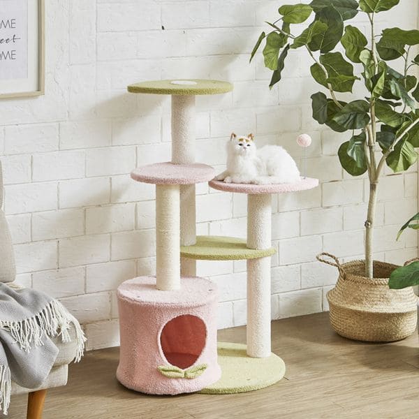 ピンク色のキュートなキャットタワー | キャットタワー ピンク ネコ ねこ 猫 スリム 据え置き おしゃれ 猫タワー おもちゃ 猫用品 運動不足 キャットツリー 運動不足解消 ペット用品 かわいい 可