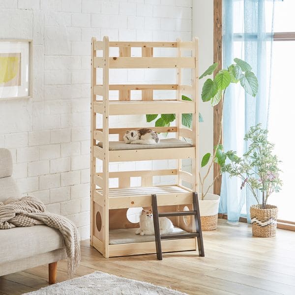 北欧パイン材を使用した小屋付き5段ペットベッド | キャットタワー 猫 猫用 ペット用ベッド ネコ キャットベッド ペット用品 ペットベッド ナチュラル デザイン 北欧 パイン材 木製 すのこ式 お