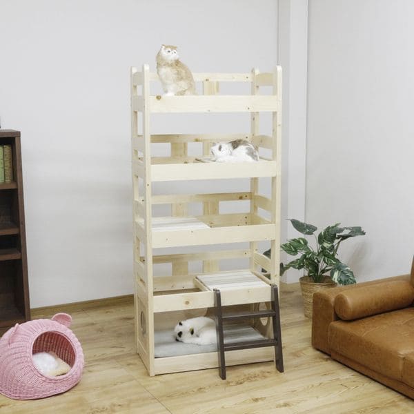 北欧パイン材を使用した小屋付き5段ペットベッド | キャットタワー 猫 猫用 ペット用ベッド ネコ キャットベッド ペット用品 ペットベッド ナチュラル デザイン 北欧 パイン材 木製 すのこ式 お