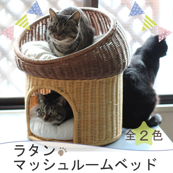 ペット用ラタンマッシュルームベッド | オールハンドメイド 天然素材ベッド キャットベッド キャット キャットハウス 籐 トウ ラタン ベッド ネコ 小型クッション おしゃれ かわいい