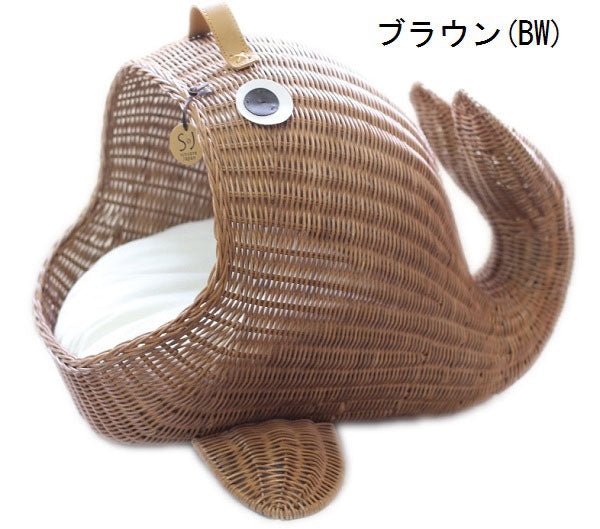 ペット用ラタンくじらベッド | オールハンドメイド 天然素材ベッド キャットベッド キャットドーム キャットハウス 籐 トウ ラタン ベッド ネコ 小型クッション おしゃれ かわいい