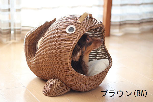 ペット用ラタンくじらベッド | オールハンドメイド 天然素材ベッド キャットベッド キャットドーム キャットハウス 籐 トウ ラタン ベッド ネコ 小型クッション おしゃれ かわいい